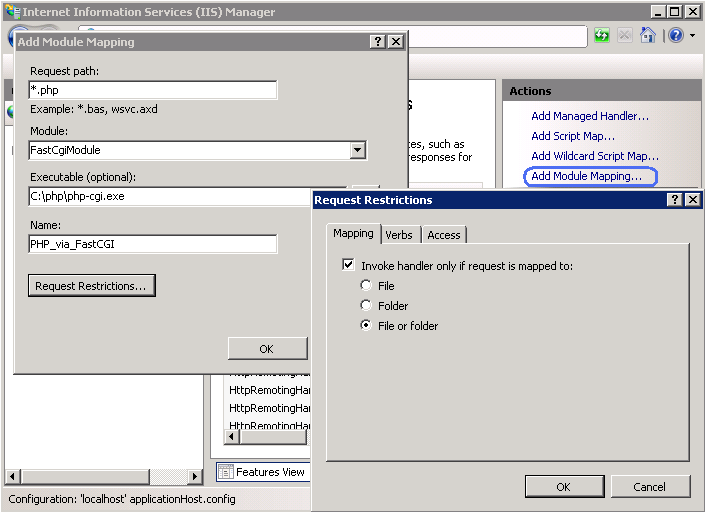 Create IIS handler mapping for PHP : Add Handler Mapping
