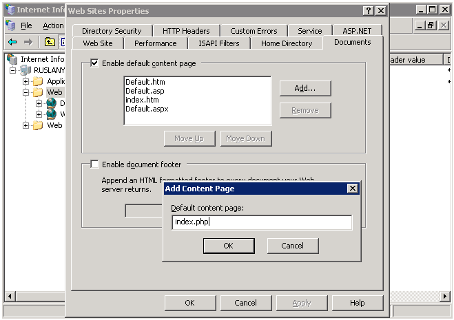 Configuration de la page index.php comme document par défaut sous IIS